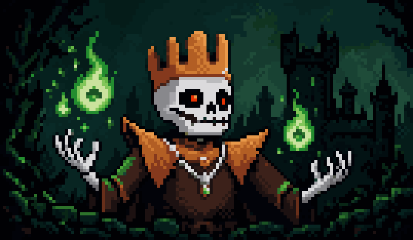 The Necromancer, a crowned skeleton raising green flames in front of a dark castle