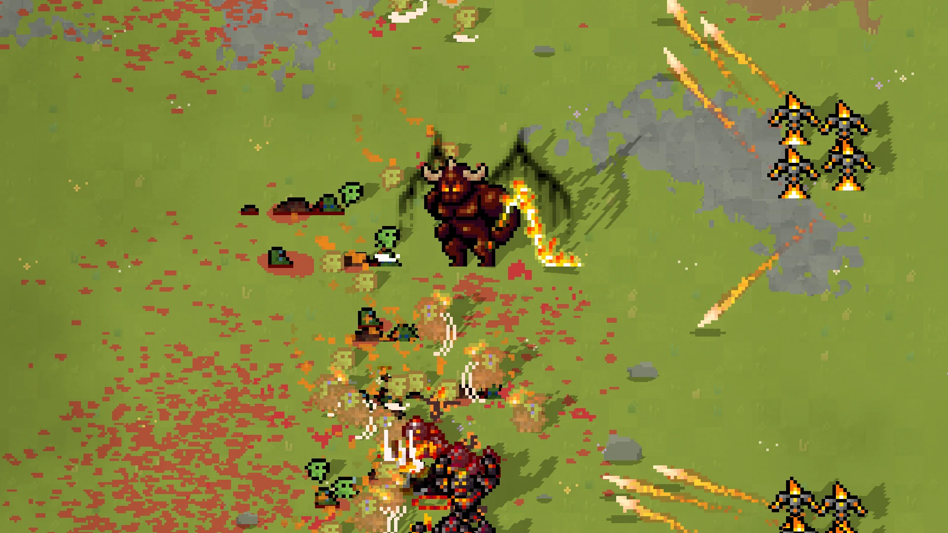 A winged Balrog with a fire whip, flanked by magma golems, cutting through a goblin warband