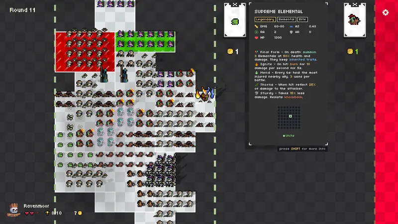 A 195-unit board in the preparation phase, with red and green trait cells around the formations