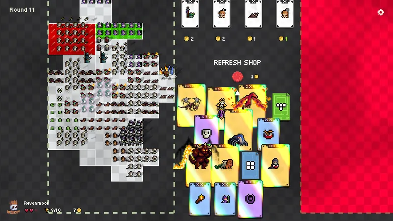 The shop row with a hand full of bought cards: an Undead Dragon, a Phoenix, a Balrog and board items